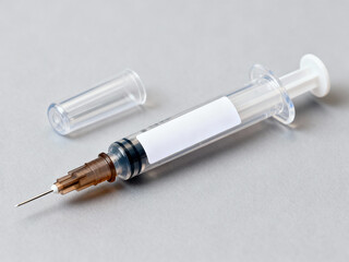 Seringa descartável transparente com tampa removida e rótulo branco sem texto, fundo neutro, imagem de alta definição e textura realista