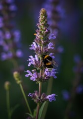 A fuzzy bumblebee is busy pollinating a vibrant purple flower in a sunny garden setting, with ample negative space for text overlays ,depth of field, plant, closeup