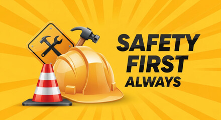 Safety first always message with hardhat hammer cone and warning sign on a yellow background design