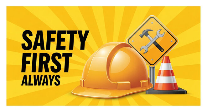 Safety first always message with hard hat cone and sign on yellow radial burst background design vector