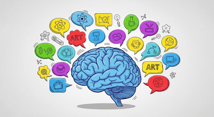 Illustration of a brain surrounded by speech bubbles with various icons and art text inside