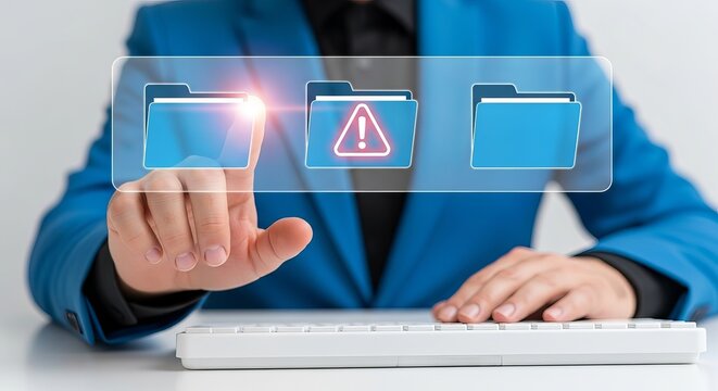 A business professional in a blue suit interacting with digital file icons, highlighting a warning symbol.