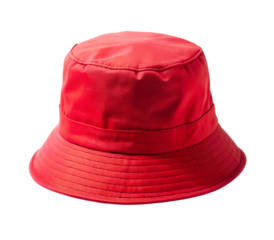 A vibrant red bucket hat with a textured brim isolated on transparent background