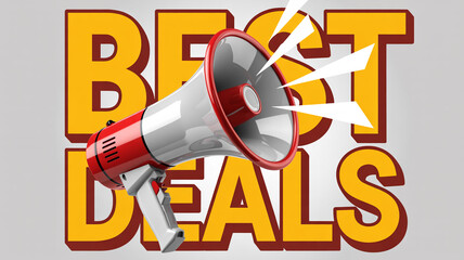 A megaphone with best deals text in yellow and red colors on a white background promotion concept