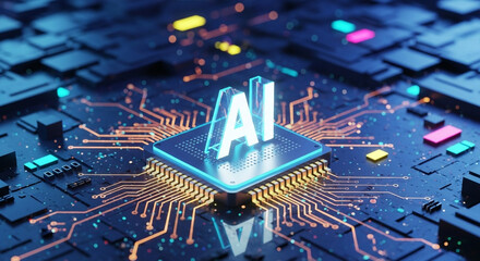 Close up of ai text on a chip with circuit board and colorful lights in the background design