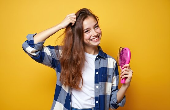 Teen girl holds pink hairbrush, touches long brown hair. She smiles, looks away. Girl wears blue plaid shirt, white t-shirt. Isolated on yellow background.