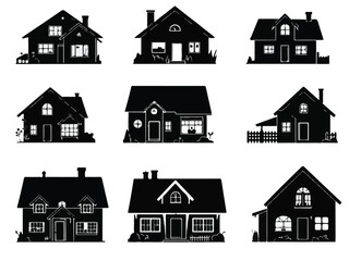 Black house silhouette icon set of modern and traditional home designs
