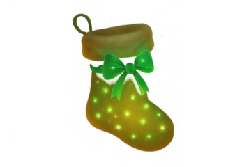 Christmas stocking glowing with festive lights and green bow, hanging for holiday celebrations, transparent background