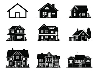 Black house silhouette icon set of modern and traditional home designs