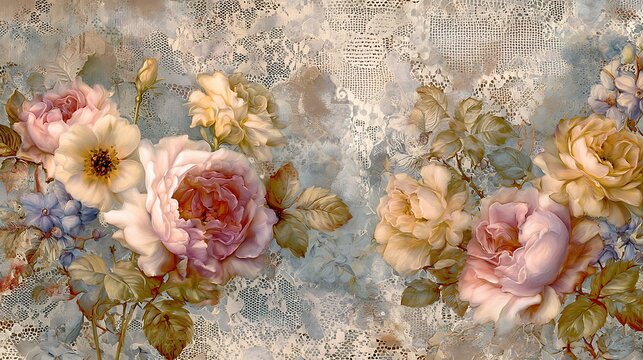 Vintage floral wallpaper with soft pink and yellow roses and distressed texture