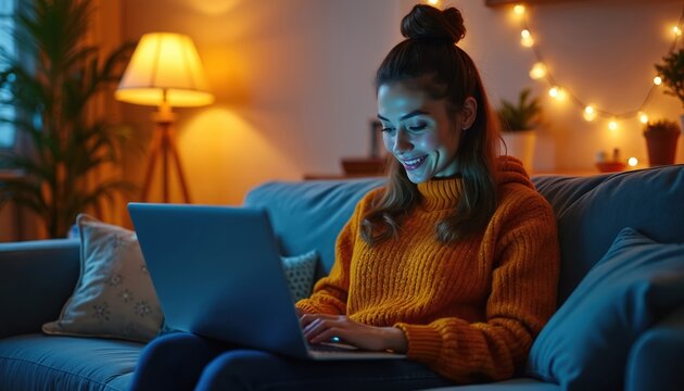 Young woman relaxes on sofa using laptop in cozy home setting. Warm lighting creates inviting atmosphere. Festive decorations add to comfortable mood. Focus on leisure, digital lifestyle, relaxation