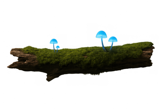 Bioluminescent mushrooms glowing blue on a moss-covered log, creating a mystical fantasy nature scene. Transparent background