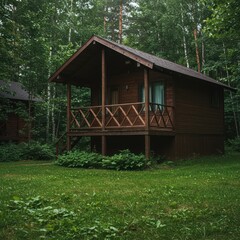 Rustic wooden vacation lodge exterior surrounded by dense forest foliage, evoking peaceful tranquility and remote holiday escapism, travel, peaceful, escape