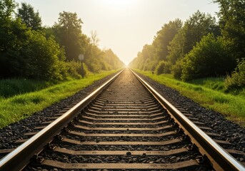 Fototapeta premium Sun-drenched railway tracks disappearing into a lush green horizon, symbolizing distant summer vacation journeys and adventure, travel, destination, transit