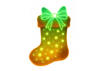 Christmas neon stocking with glowing polka dots and green bow, festive winter holiday decoration on transparent background