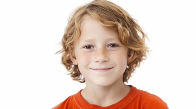 Smiling young boy with blond curly hair wearing an orange t-shirt isolated on a white background