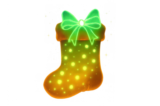 Christmas neon stocking with glowing polka dots and green bow, festive winter holiday decoration on transparent background