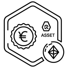 Hexagonal frame containing currency symbols and blockchain icons, representing digital assets and finance