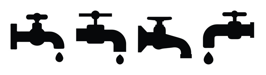 Faucet water tap dripping plumbing fixture silhouette vector illustration and design elements