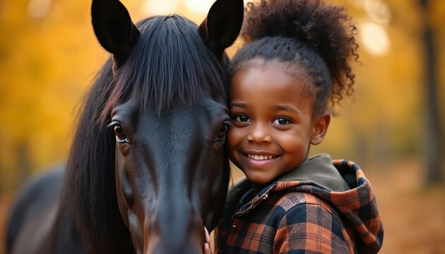 Young african american girl smiles next to a black horse in an autumn forest. Child and equine enjoy nature together in fall season. They have warm cozy bond. - Powered by Adobe