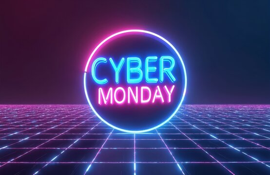 Cyber Monday neon text on futuristic grid background. Glowing blue, pink sign for big online sale event. Abstract digital advertising for shopping discount. E-commerce promo banner for holiday deals