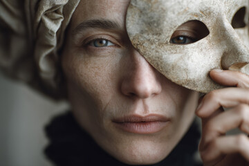 Mysterious portrait in the style of a mystical carnival, close-up of a woman with a mask covering her face, the aesthetics of decadence and mystery, art style