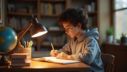 Young boy studies at desk with lamp, globe and books. Child writes in notebook doing homework, preparing for school, gaining knowledge with focused expression. Education at home.