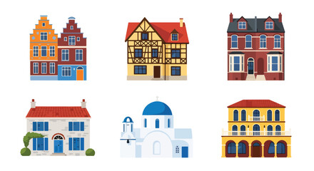 Set of vector illustrations of traditional European houses with diverse architectural styles, perfect for travel design, real estate concepts, educational materials, and cultural projects © meeblues