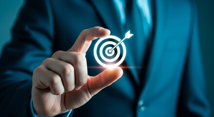 A businessman in a suit holds a glowing target icon, symbolizing precision and successful goals in a professional setting.