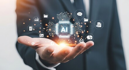 A businessman in a suit holds out his hand, showcasing a glowing AI chip surrounded by digital icons.