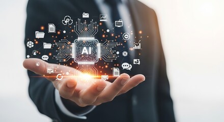 A businessman in a suit showcases artificial intelligence technology with an illuminated AI chip in his hand.