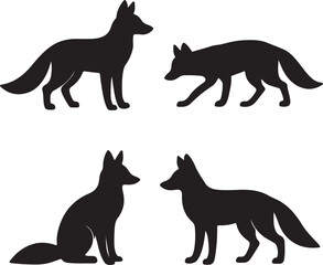 Four Black Silhouettes of Foxes in Different Poses on a White Background Keywords: fox, canine, silhouette, black, white background, isolated, animal, wildlife, nature, on transparent background