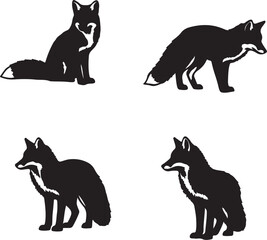 Four Black Silhouettes of Foxes in Different Poses on White Background animal wildlife on transparent background