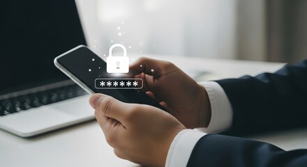 A man in a suit holds a smartphone, focusing on security with a digital lock symbol and password input.