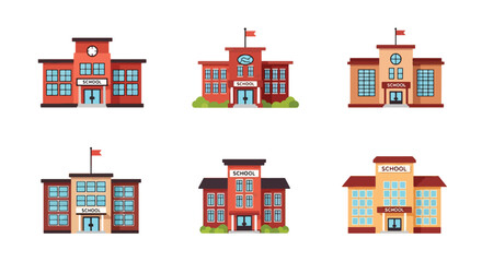 Set of vector illustrations of school buildings with classic architecture, ideal for education design, learning materials, back-to-school campaigns, and academic-related projects