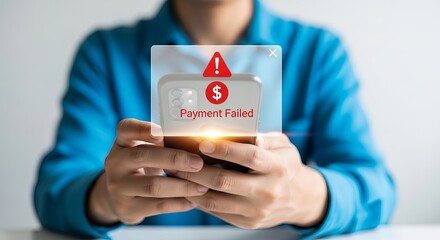 Concerned adult male in a blue shirt experiencing a payment failure on his smartphone.