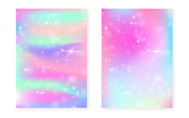 Fototapeta premium Princess background with kawaii rainbow gradient. Magic unicorn hologram. Holographic fairy set. Fluorescent fantasy cover. Princess background with sparkles and stars for cute girl party invitation.