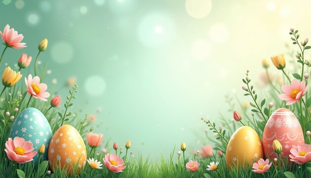 Easter eggs and pastel flowers in green grass. Springtime celebration with decorative painted eggs and blooming buds. Soft bokeh background offers copy space. - Powered by Adobe