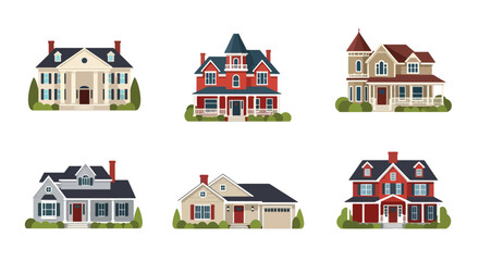 Set of vector illustrations of classic American houses in various architectural styles, ideal for real estate design, home construction, neighborhood planning, and property marketing projects