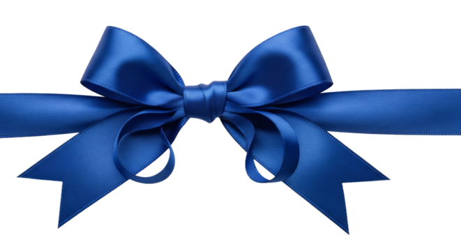 Elegant blue satin gift bow made from a silky ribbon, tied in a decorative knot for presents and celebration design. Isolated on transparent background, png