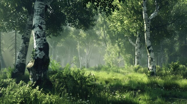 Birch grove in the sunlight. Trunks with white bark and green leaves. A spring or summer landscape.