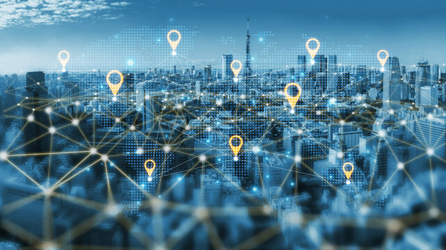 Concept of a global logistics network with location pins on a world map. This represents an international supply chain and distributed business locations for worldwide reach. Fermion
