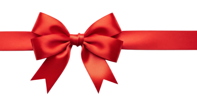 Shiny red satin ribbon bow tied on a horizontal strip for elegant gift wrapping or decoration. A festive design element isolated on transparent background, png