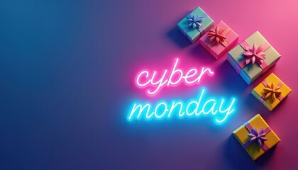Glowing Cyber Monday neon sign with colorful wrapped gift boxes on vibrant surface. Website banner for online shopping sales, retail, holiday discounts. Digital marketing background for e-commerce