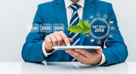 Businessman in a blue suit focuses on a tablet, representing sustainability goals for net zero by 2050 with green elements.