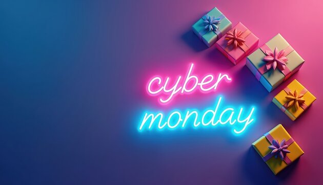 Glowing Cyber Monday neon sign with colorful wrapped gift boxes on vibrant surface. Website banner for online shopping sales, retail, holiday discounts. Digital marketing background for e-commerce