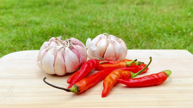 Fresh Garlic and Chili Peppers on Wooden Board.