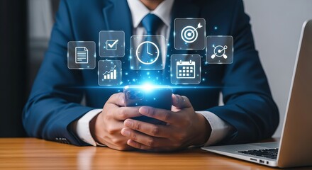 A businessman in a suit interacts with a smartphone, surrounded by glowing icons representing tasks and time management.