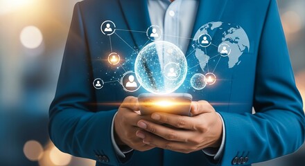 A man in a blue suit interacts with digital connections, showcasing technology and global communication.