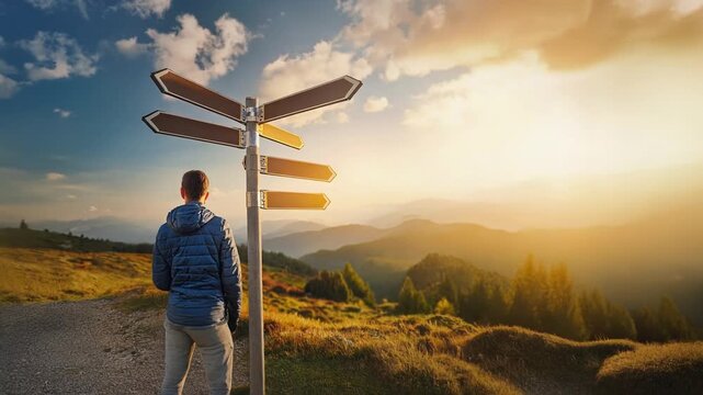Person stands at crossroad with multiple blank signposts pointing in different directions. Male explorer looks from top of the hill at sunset had to decide which way to choose